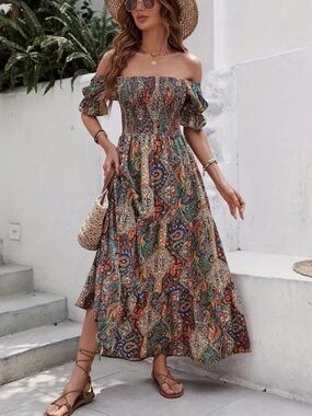 Bohemian Off-Shoulder Printed Dress